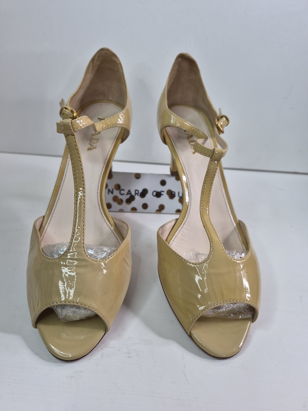Prada Patent T-Strap Peep Toe Heels in Beige - Women